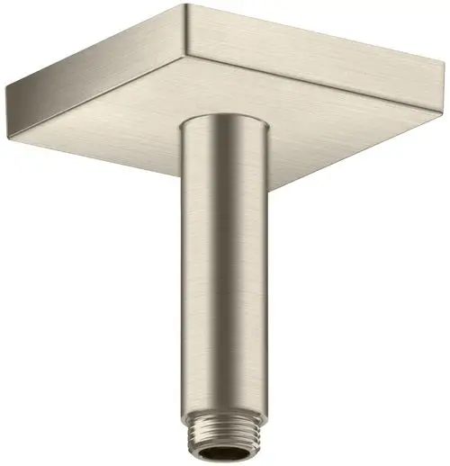 Deckenanschluss von AXOR in Nickel-Optik mit quadratischer Blende und zylindrischem Anschlussrohr. Geeignet für die Montage von Duschsystemen.